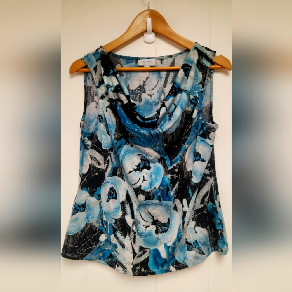 Tahari Floral Sleeveless Top - Blue and Black Size 12 Perfect Condition